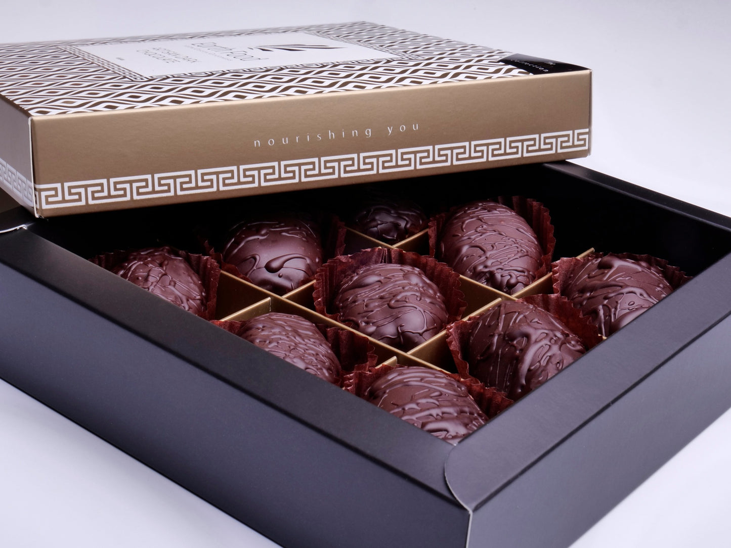 
                  
                    Organic Golden medjool - chocolate gift box. Handmade in Wexford. 100% dark chocolate. Nourishing you with food of the gods.
                  
                